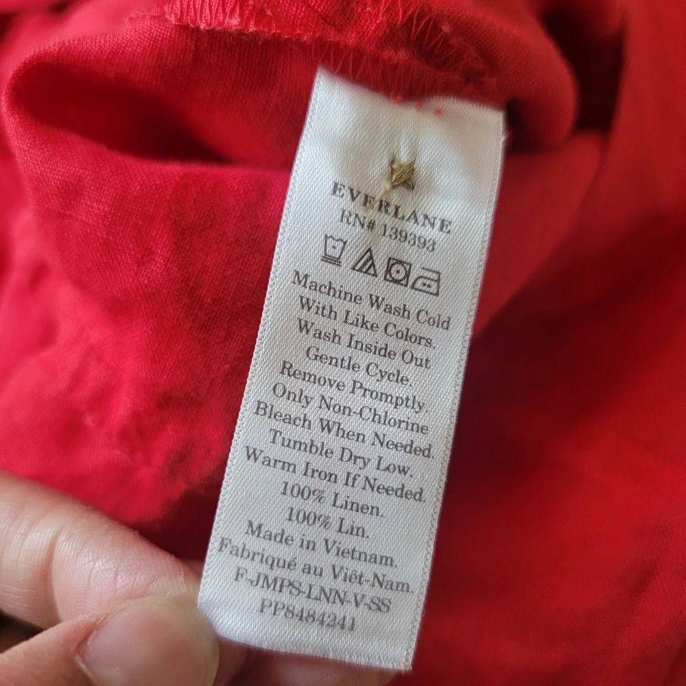 Everlane 100% Linen Short Sleeve Cropped Straight‎ Leg Jumpsuit in Red Size 4